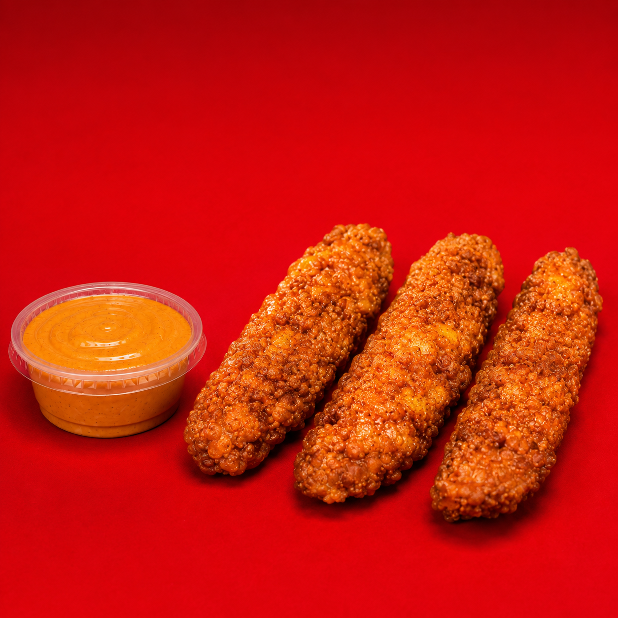 Three crispy halal chicken fingers with a cup of dipping sauce