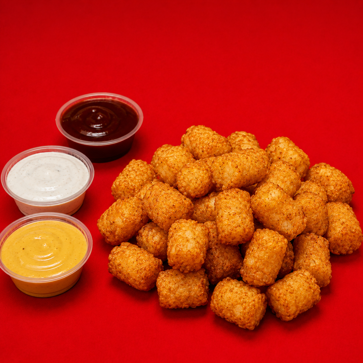 Crispy golden tater tots with ranch, BBQ and cheese dipping sauces