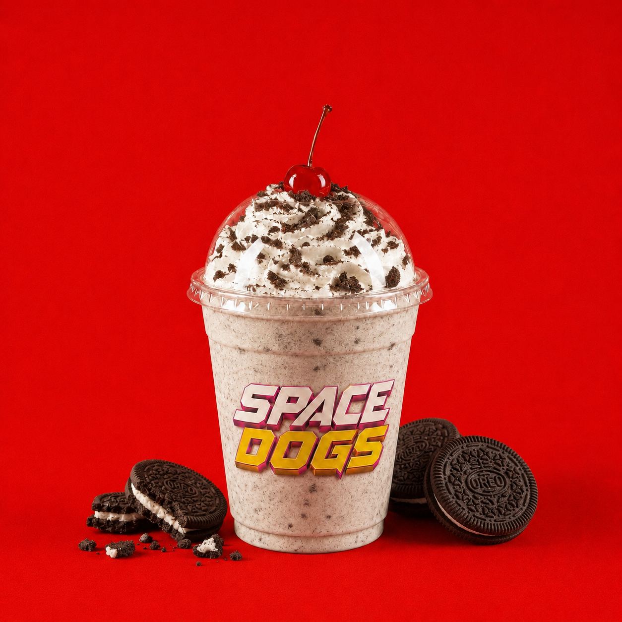 Space Dogs Oreo crumble milkshake topped with whipped cream and a cherry