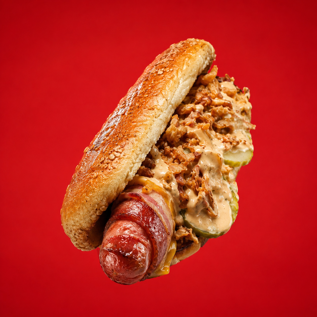 Halal beef bacon wrapped hot dog with crispy onions, pickles and house sauce