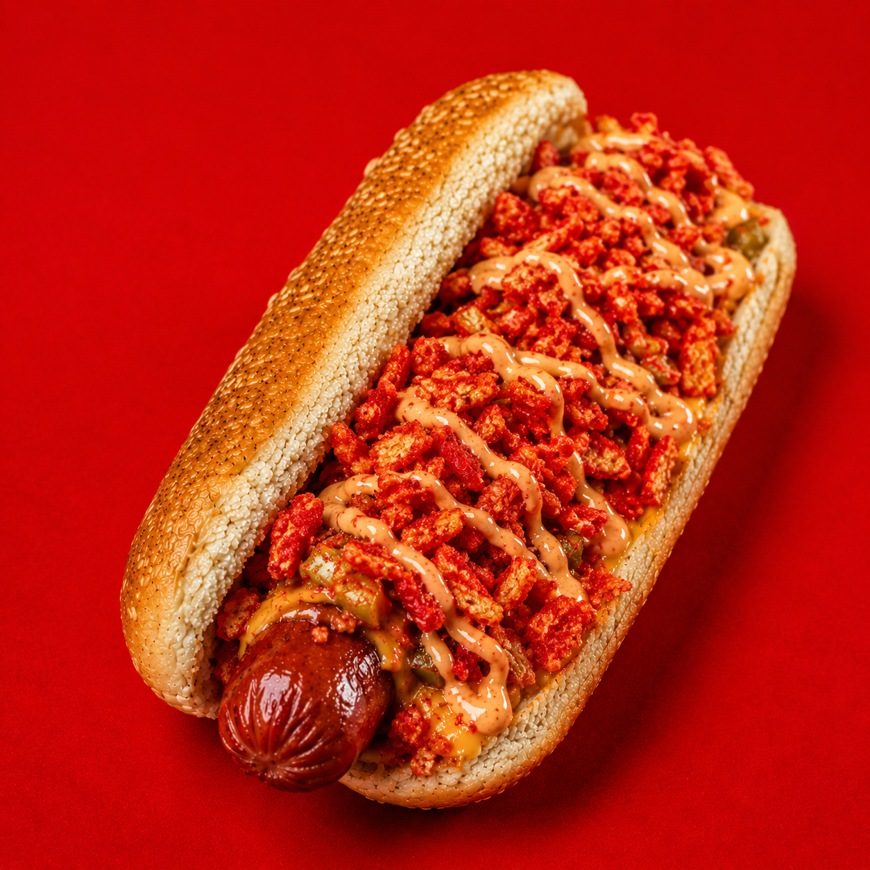 Hot dog loaded with flaming hot chip crumble, jalapeños and spicy sauce
